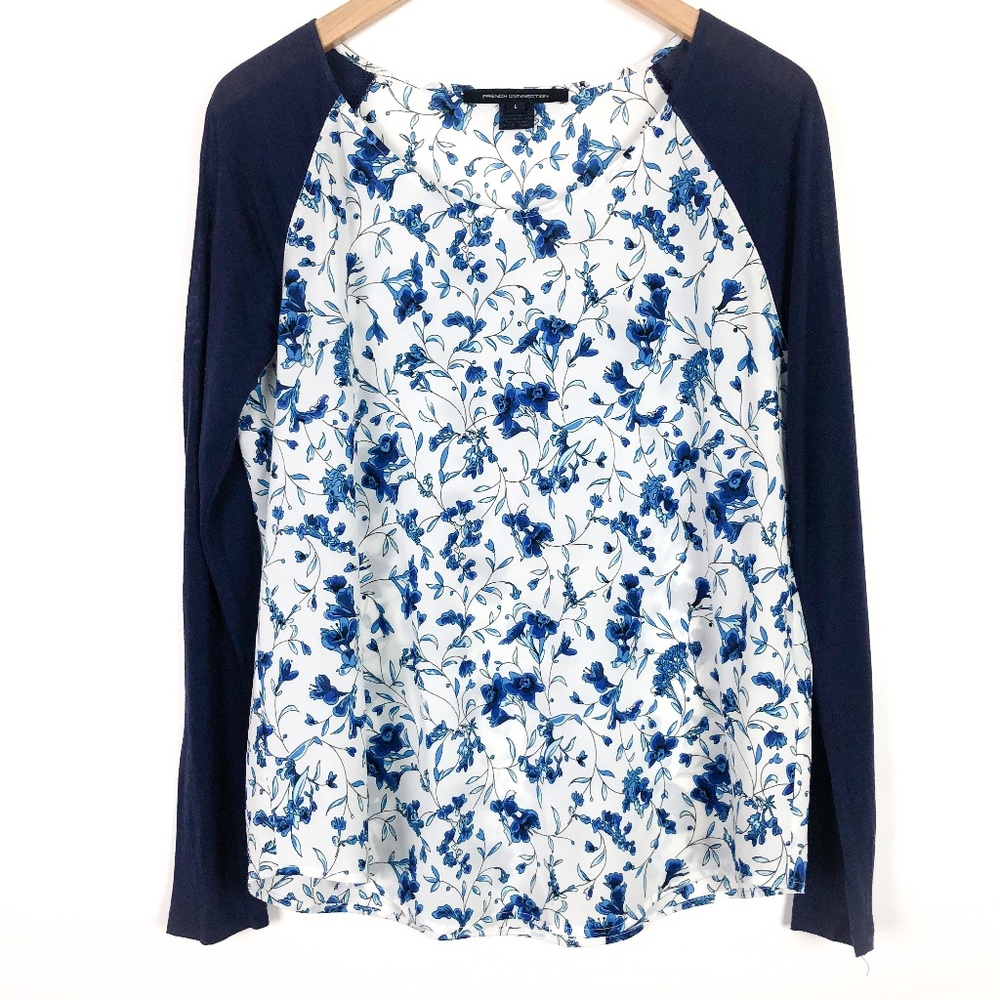 French Connection Blue Floral Contrast Sleeve Top